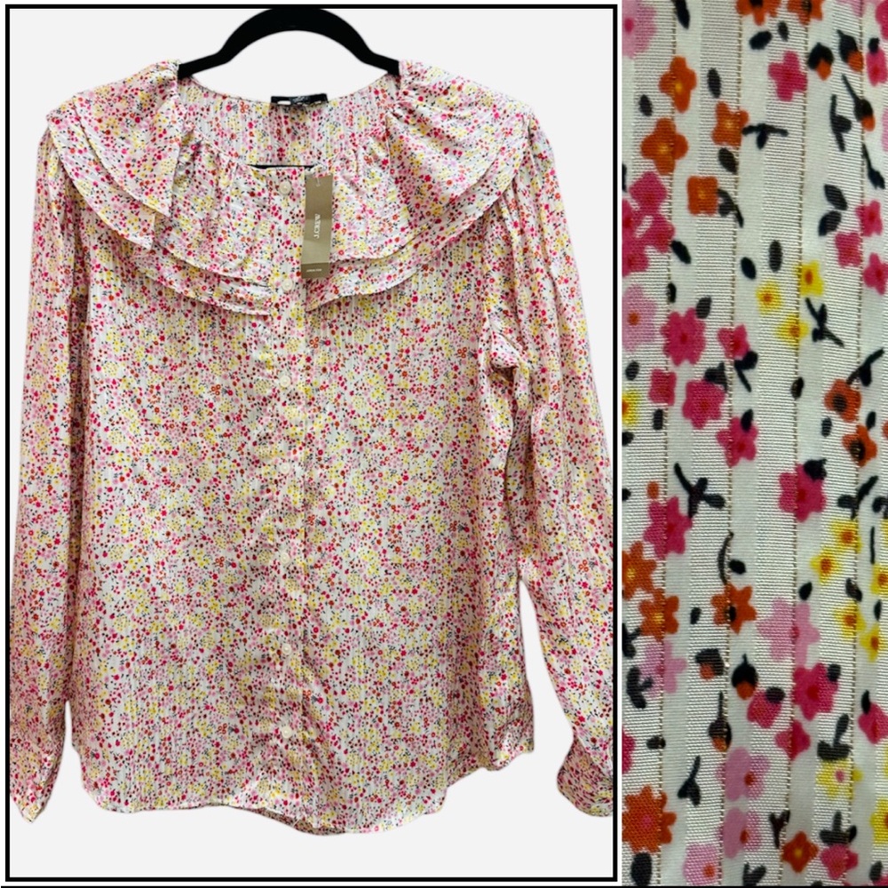 J. Crew Pink Floral Ruffle Collar Blouse